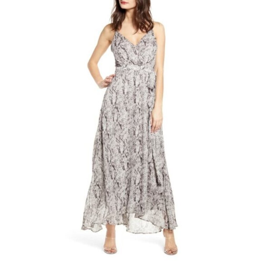 Astr the Label Grey Snake Print Strappy V Neck Chiffon Maxi Dress Sz M New